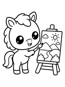 A cute cartoon horse coloring page showing a pony painting a sunny landscape on an easel.