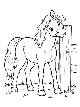 A cheerful pony on this horse coloring page scratches its neck along a wooden fence post.
