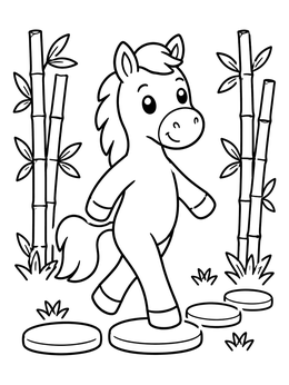 A cute pony walks on stepping stones in this horse coloring page.