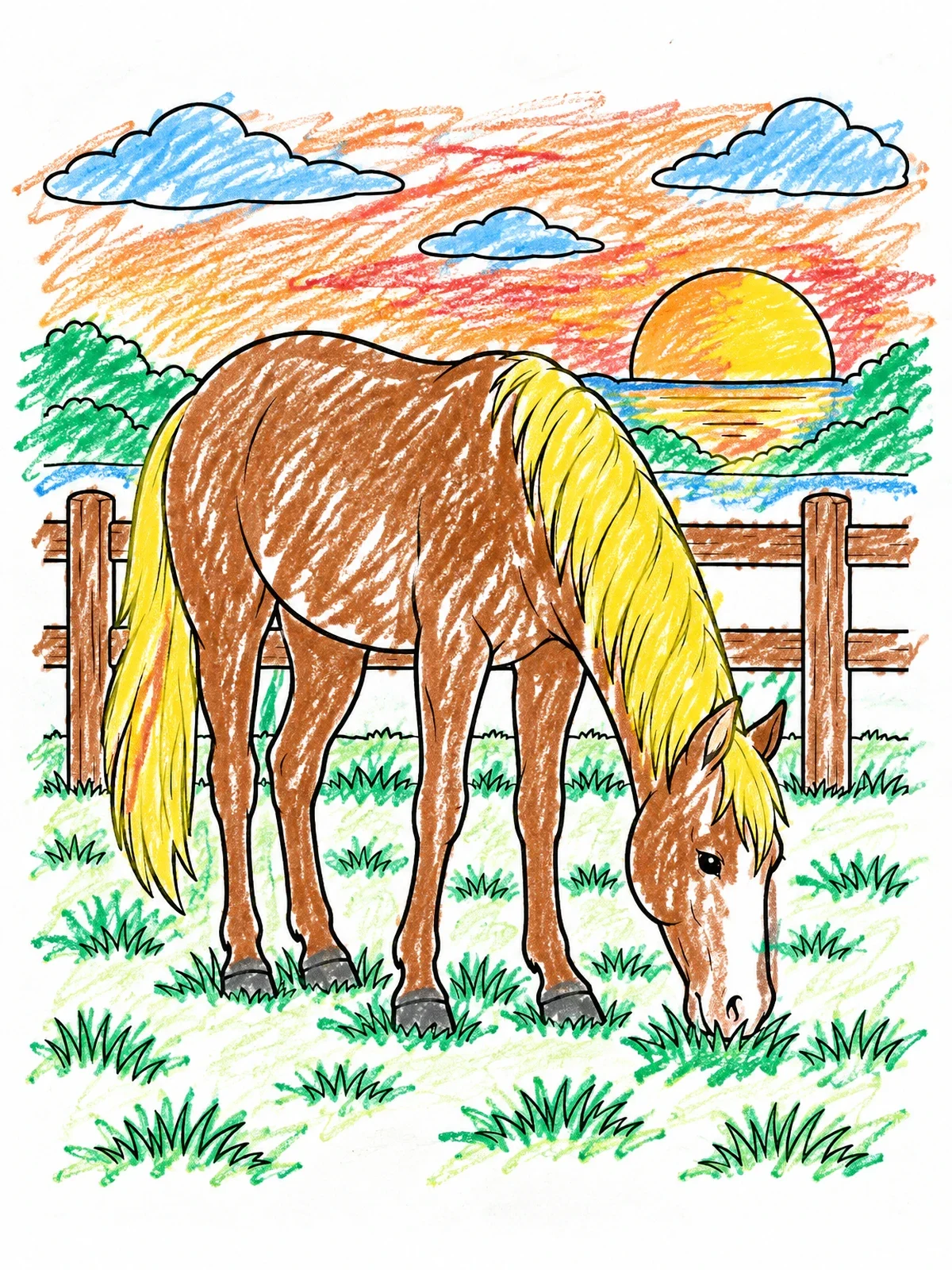 Colored example of the Horse Grazing At Sunset coloring page