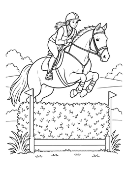 Free printable Equestrian Rider Jumping A Hedge Obstacle coloring page