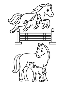 Free printable Mare And Foal Jumping And Nursing coloring page