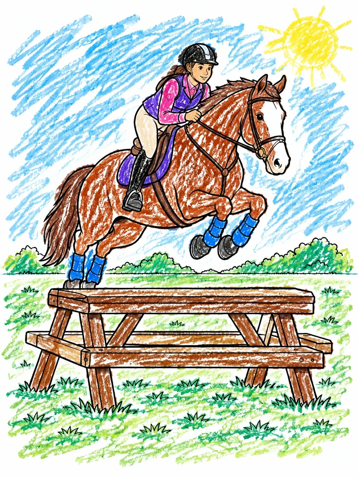 Colored example of the Horse Jumping Over A Picnic Table coloring page