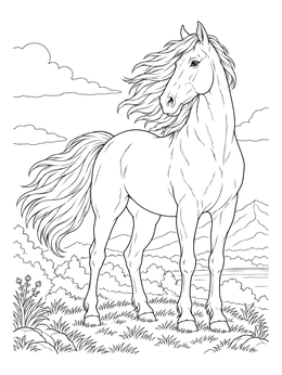 A realistic horse coloring page showing a proud stallion standing outdoors with a flowing mane.