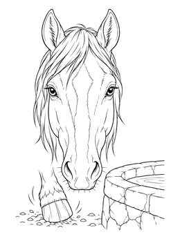 A detailed horse coloring page showing a horse pawing the ground beside a stone water trough.
