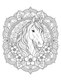 An intricate horse coloring page framed by a detailed floral mandala and blooming flowers.