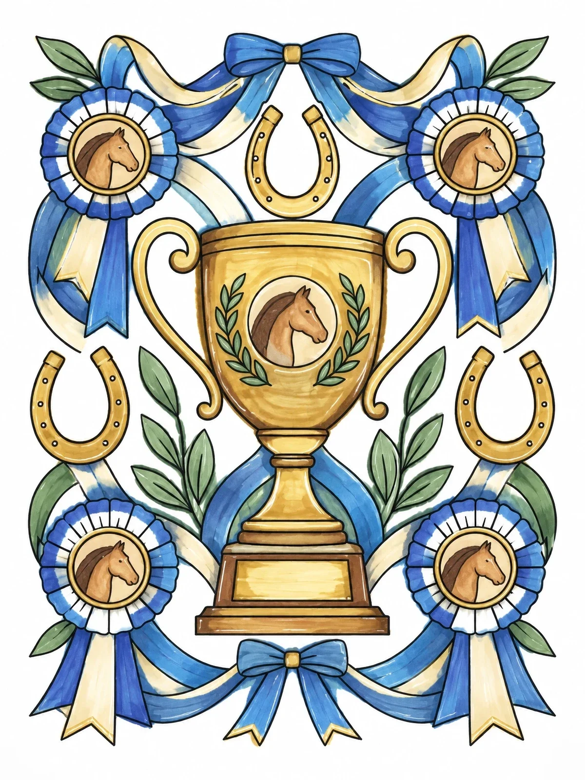 Colored example of the Equestrian Championship Trophy And Rosettes coloring page