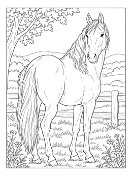 A graceful mare stands by a wooden fence in this detailed horse coloring page.