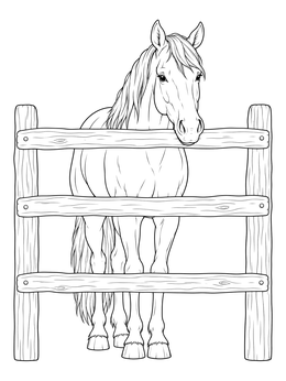 A gentle horse resting its head over a wooden railing in this horse coloring page.
