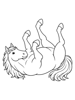 A playful horse coloring page showing a pony happily rolling on its back with legs in the air.