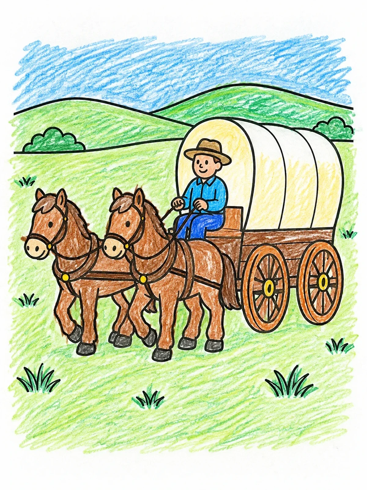 Colored example of the Horse Team Pulling A Covered Wagon coloring page