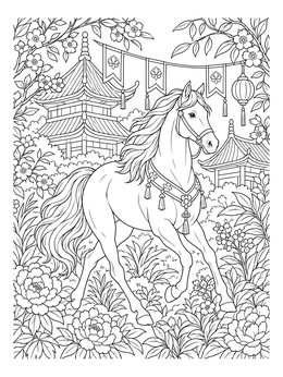 A detailed horse coloring page featuring an elegant steed trotting past pagodas and cherry blossoms.
