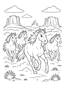 A lively horse coloring page featuring four wild mustangs running past desert rock formations.