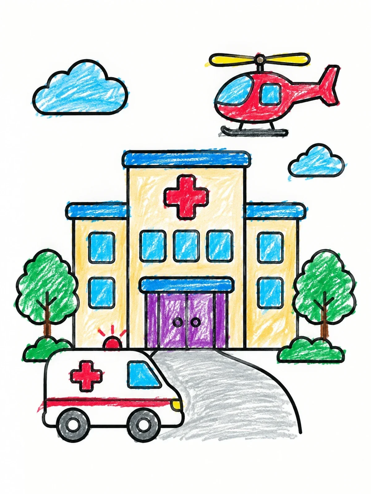 Colored example of the Hospital Building With Ambulance And Helicopter coloring page
