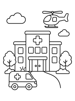 Free printable Hospital Building With Ambulance And Helicopter coloring page