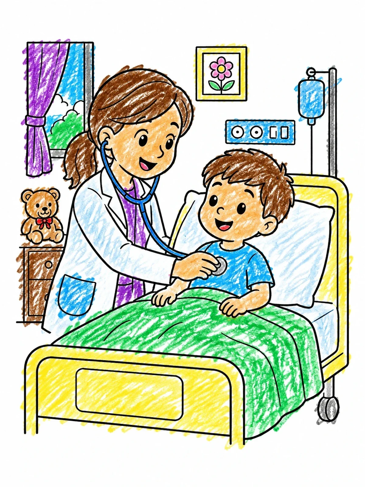 Colored example of the Doctor Examining A Child Patient coloring page