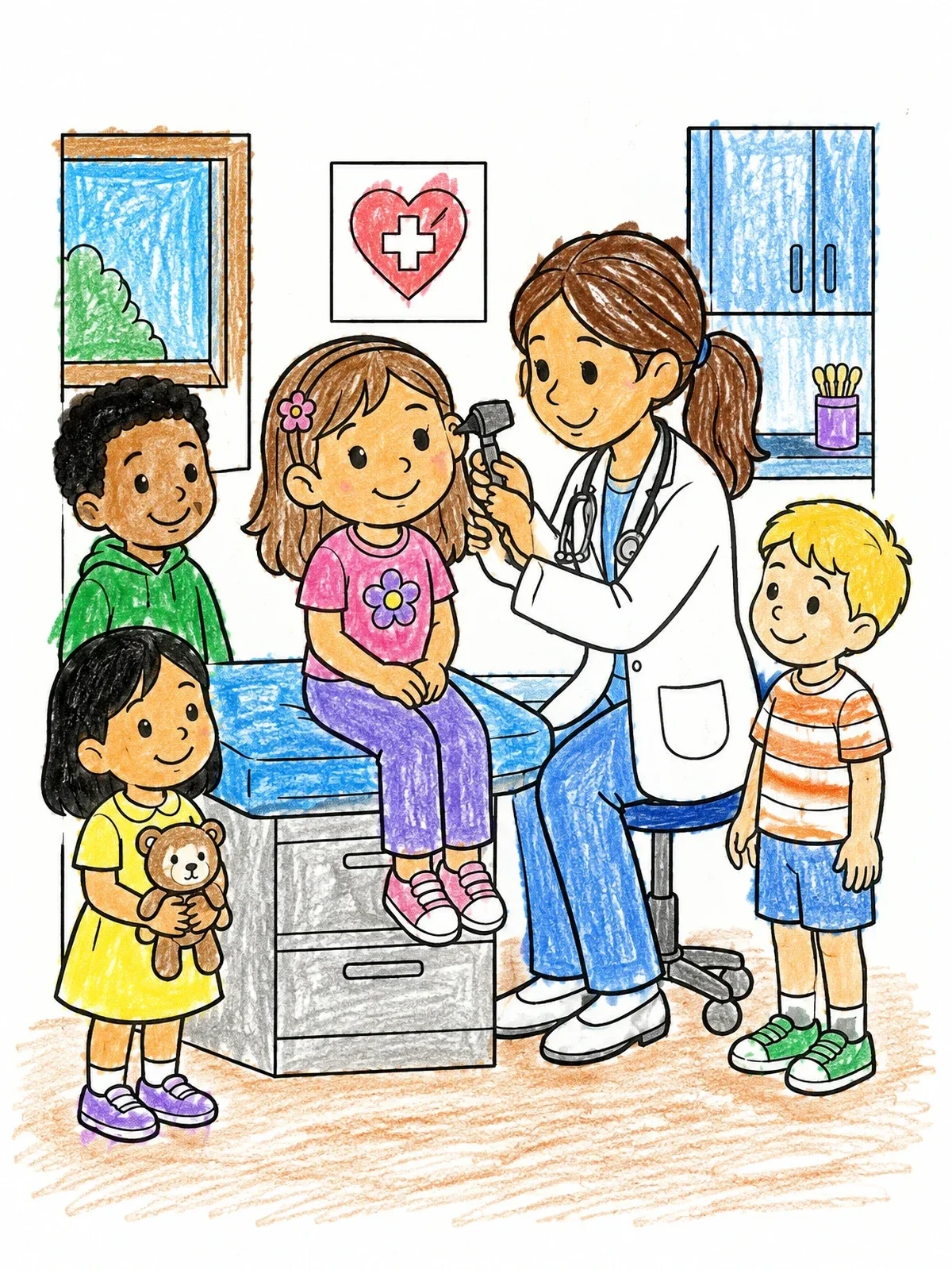 Colored example of the Doctor Examining A Girl's Ears coloring page