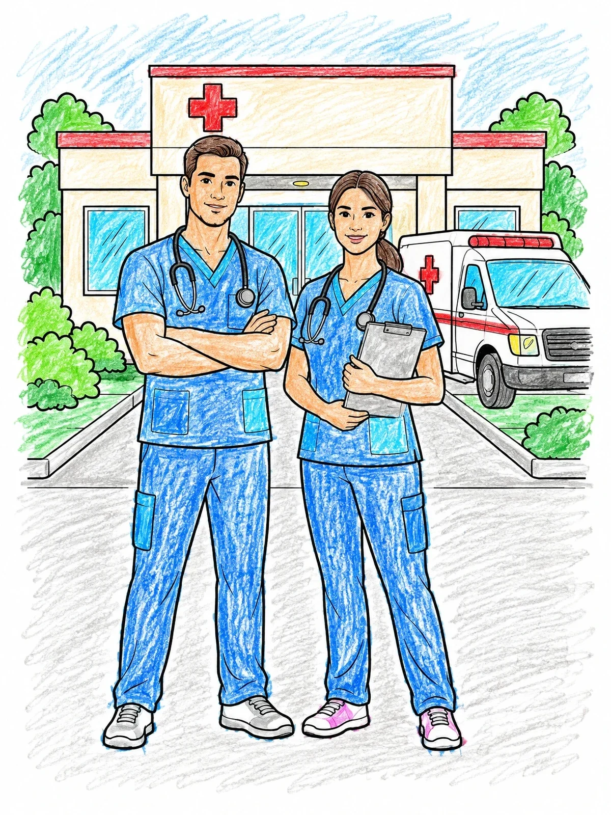 Colored example of the Healthcare Workers Outside Clinic coloring page
