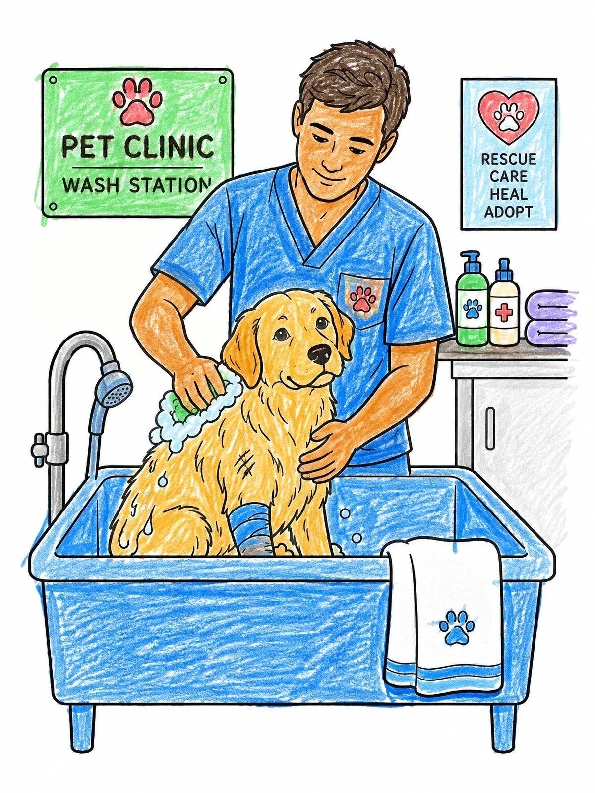 Colored example of the Pet Clinic Wash Station coloring page