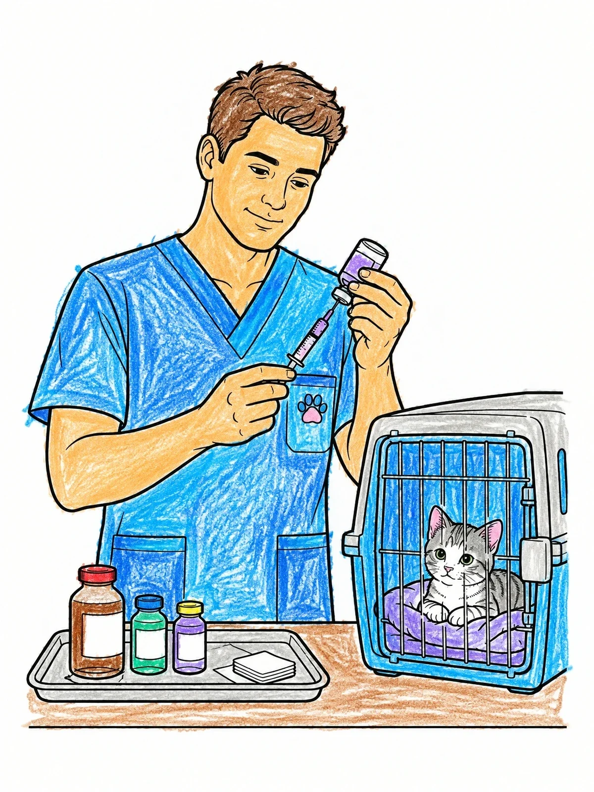 Colored example of the Veterinarian Preparing Medicine Beside Kitten coloring page