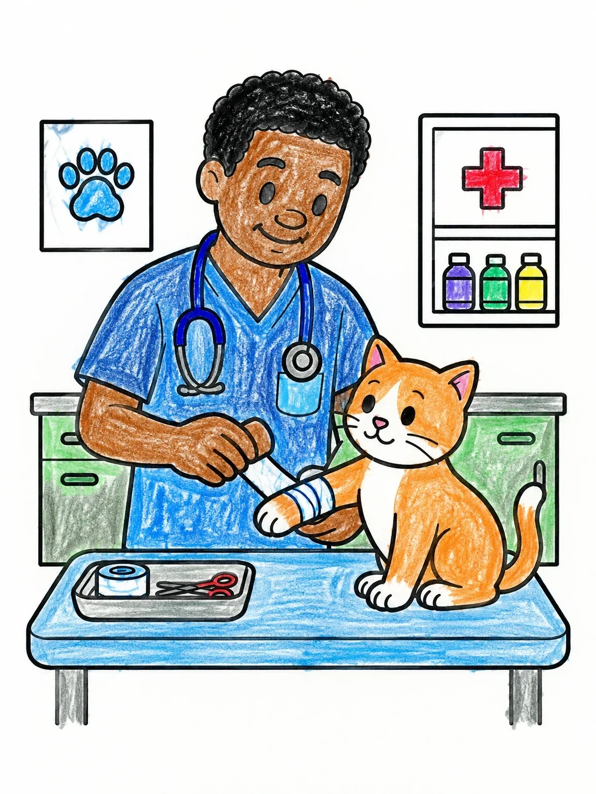 Colored example of the Veterinarian Bandaging A Cat's Paw coloring page