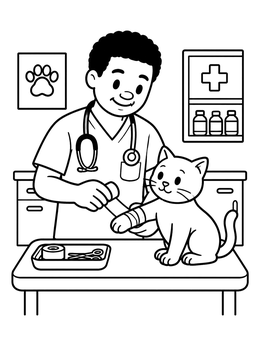 Free printable Veterinarian Bandaging A Cat's Paw coloring page
