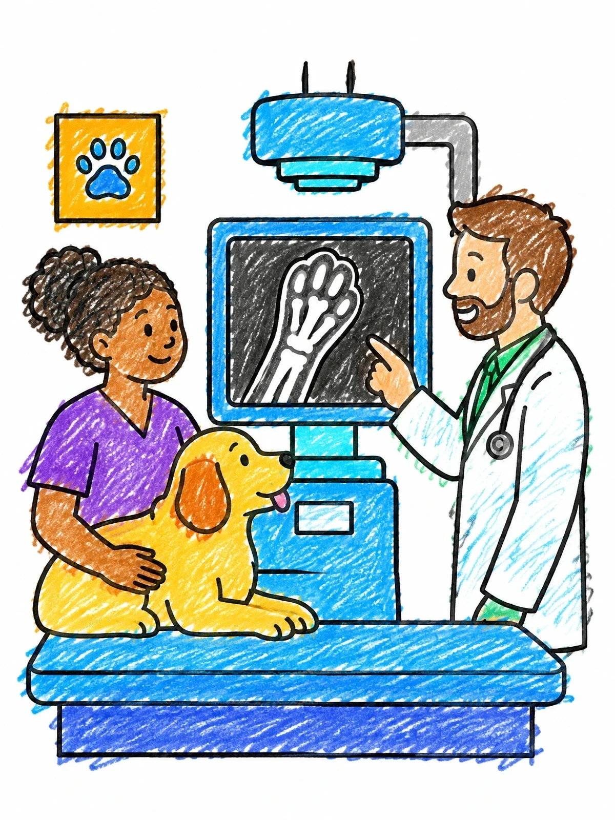 Colored example of the Veterinarian Examining Dog Paw X Ray coloring page