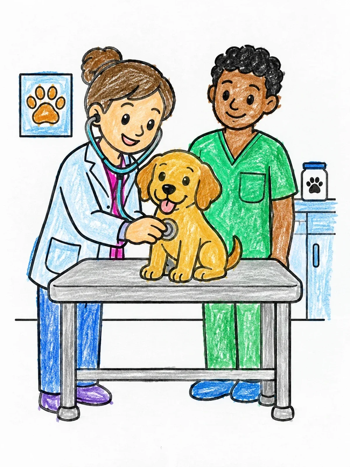 Colored example of the Veterinarian Examining Cute Puppy coloring page