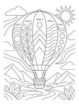 A soaring hot air balloon goal setting coloring page with five patterned weekly milestone panels.