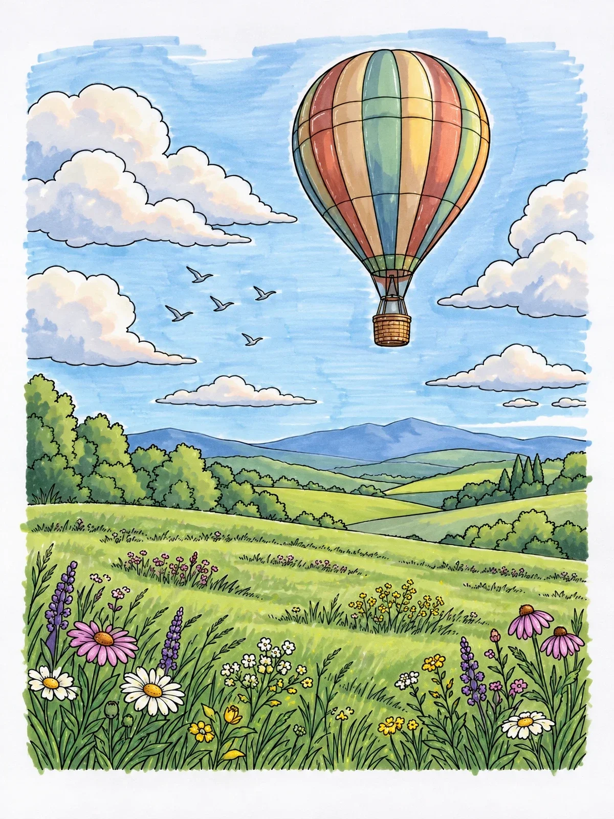 Colored example of the Hot Air Balloon Over Meadow coloring page
