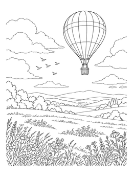 A peaceful sky coloring page showing a hot air balloon floating above a wildflower meadow.