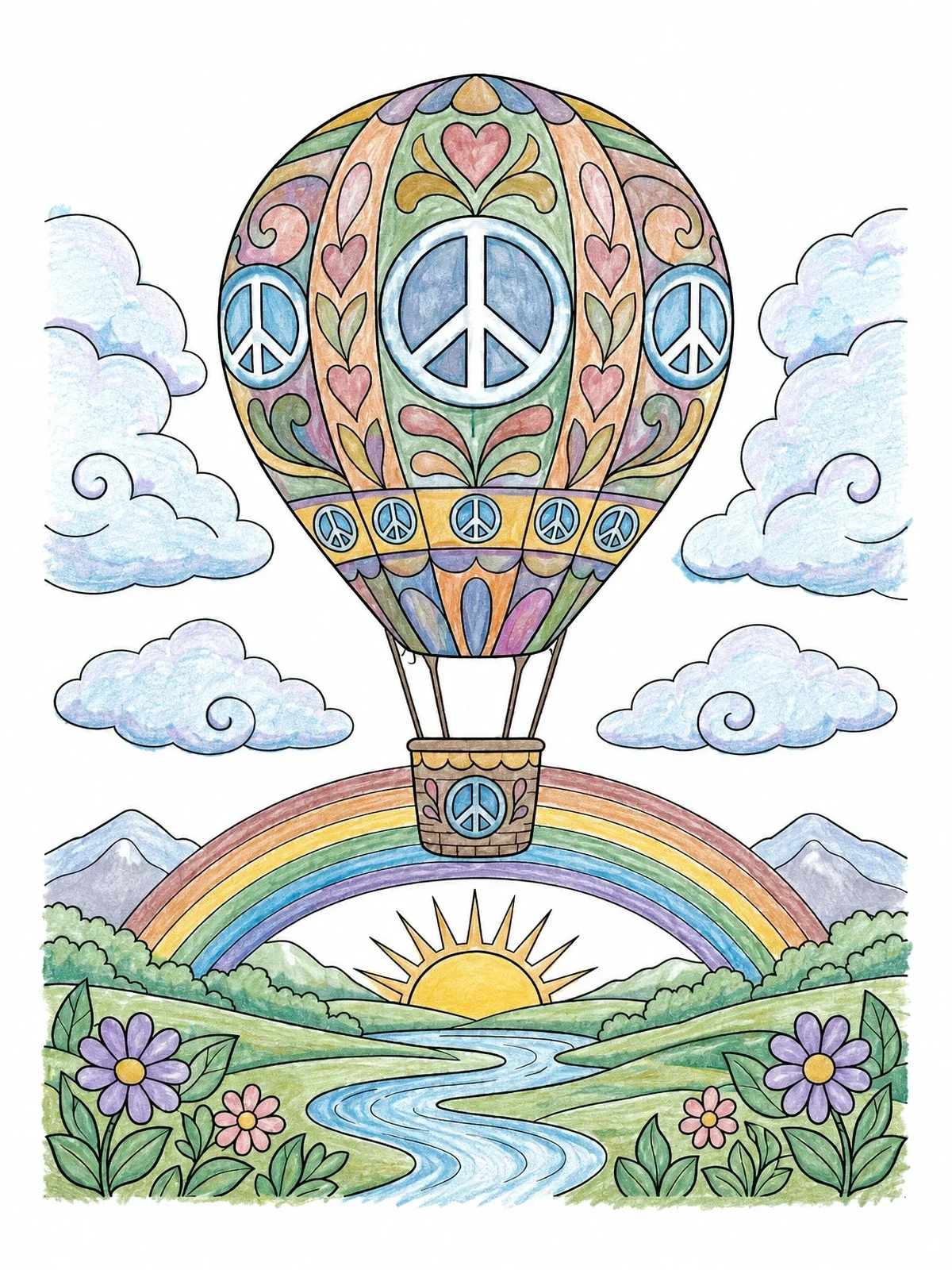 Colored example of the Hot Air Balloon With Peace Signs coloring page
