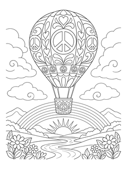 A decorative peace and love coloring page featuring a patterned hot air balloon over a sunny rainbow landscape.