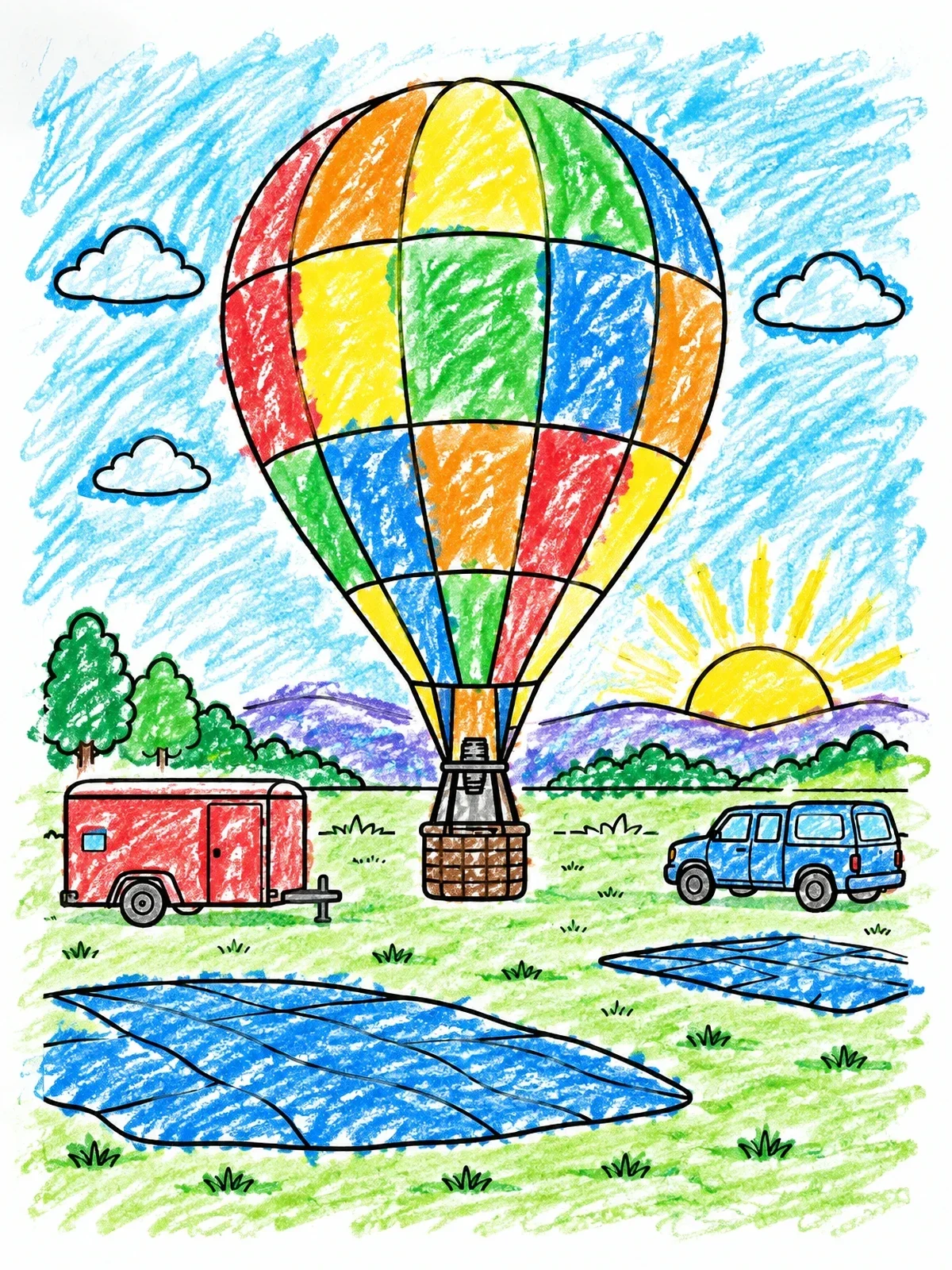 Colored example of the Hot Air Balloon Sunrise Launch coloring page