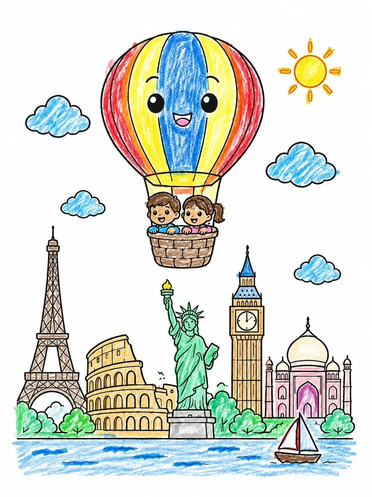 Colored example of the Hot Air Balloon Over Famous Landmarks coloring page