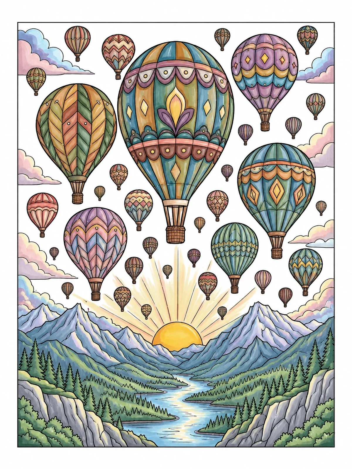 Colored example of the Hot Air Balloons Over Mountain Sunrise coloring page