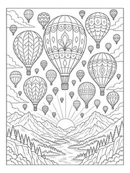 A detailed hot air balloons coloring page showing patterned balloons rising over mountains at dawn.
