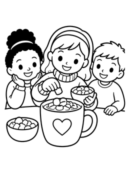 Three happy children topping a big mug in this hot cocoa coloring page.