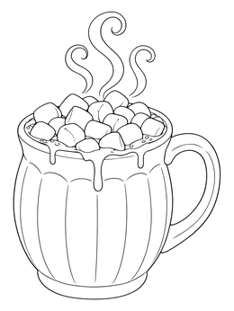 A steaming hot cocoa coloring page featuring a mug filled with marshmallows.