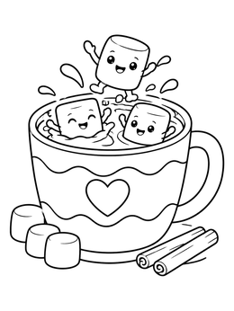 A cheerful hot cocoa coloring page with happy marshmallows splashing inside a mug.