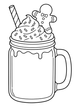 A sweet hot cocoa coloring page featuring a mason jar topped with whipped cream and a gingerbread man.