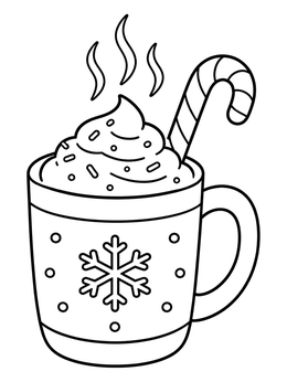 A cozy candy cane coloring page featuring a steaming mug of hot cocoa with whipped cream.