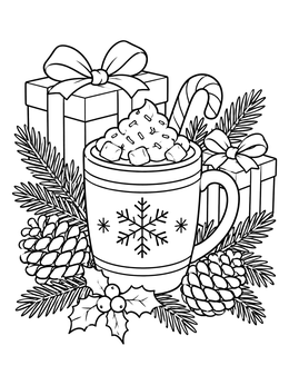 A festive hot cocoa coloring page featuring a mug with whipped cream, gifts, and pinecones.