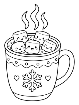 A steaming mug of hot cocoa with smiling faces in this marshmallow coloring page.