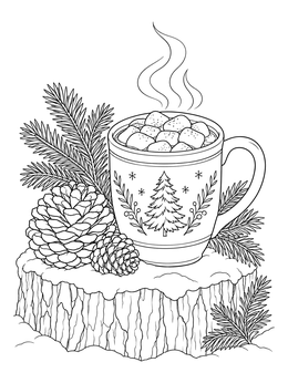 Steaming mug with marshmallows on a stump in this hot cocoa coloring page.