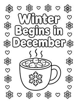 A steaming mug of hot cocoa with marshmallows on a december coloring page.