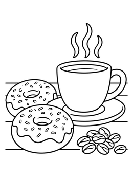 Free printable Hot Coffee Cup With Donuts And Beans coloring page