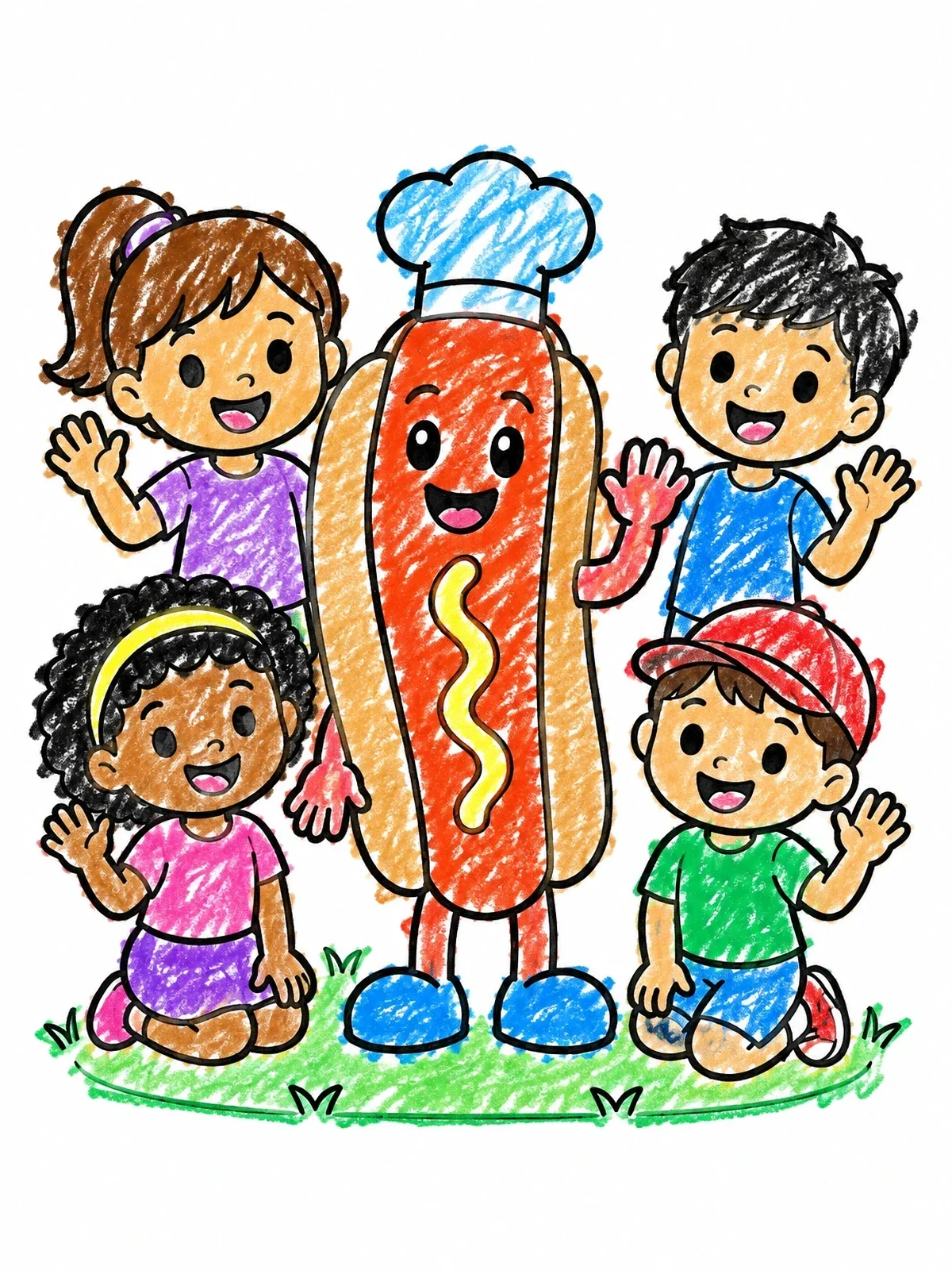 Colored example of the Hot Dog Chef With Happy Kids coloring page