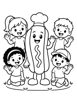 Free printable Hot Dog Chef With Happy Kids coloring page