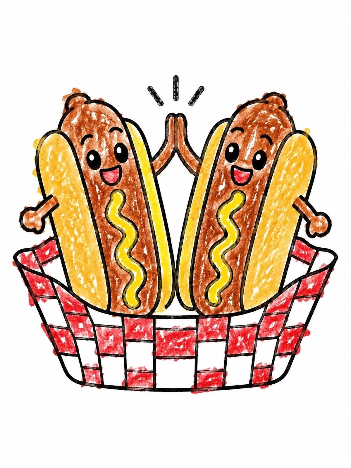 Colored example of the Hot Dog Friends High Fiving coloring page